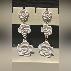 White Floral Drop Earrings with Post Back, 2 inches in length
